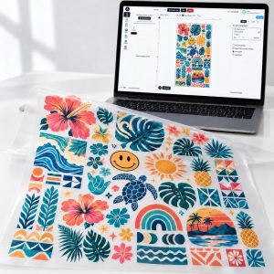 Example DTF gangsheet design with floral transfers arranged in the online BAGS builder.