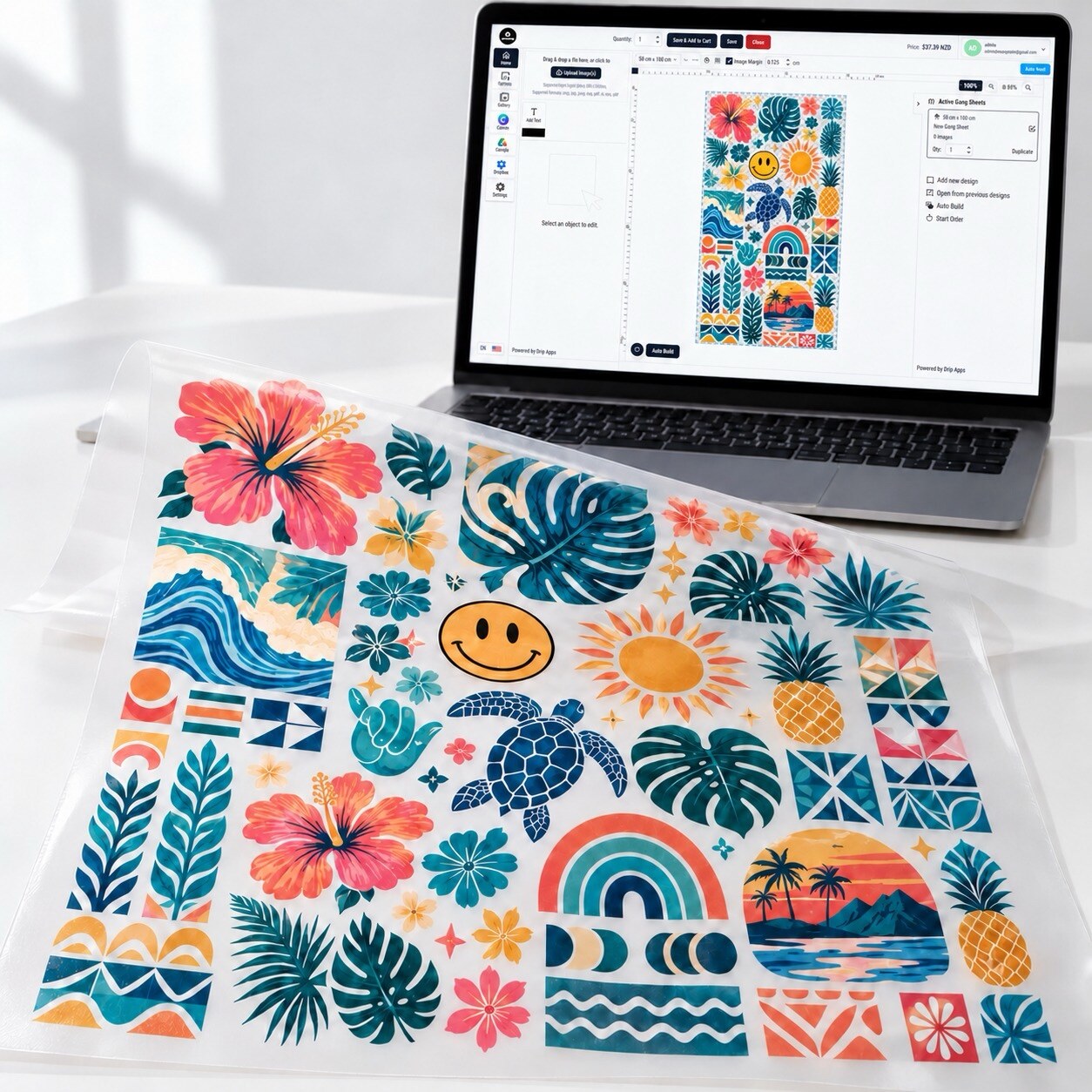 Pacific-inspired designs arranged on a DTF gangsheet beside the online gangsheet builder